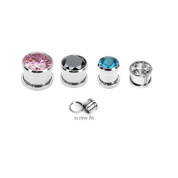 Pair of Ear Plugs Large CZ Gem Screw-Fit 316L Surgical Steel - 4 Color Available