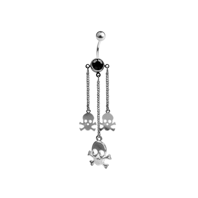 Triple Skull Dangle Chain CZ Gem Belly Navel Ring Surgical Steel 14g