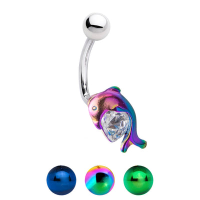 Anodized Titanium Dolphin Belly Ring with Clear Heart CZ Gem