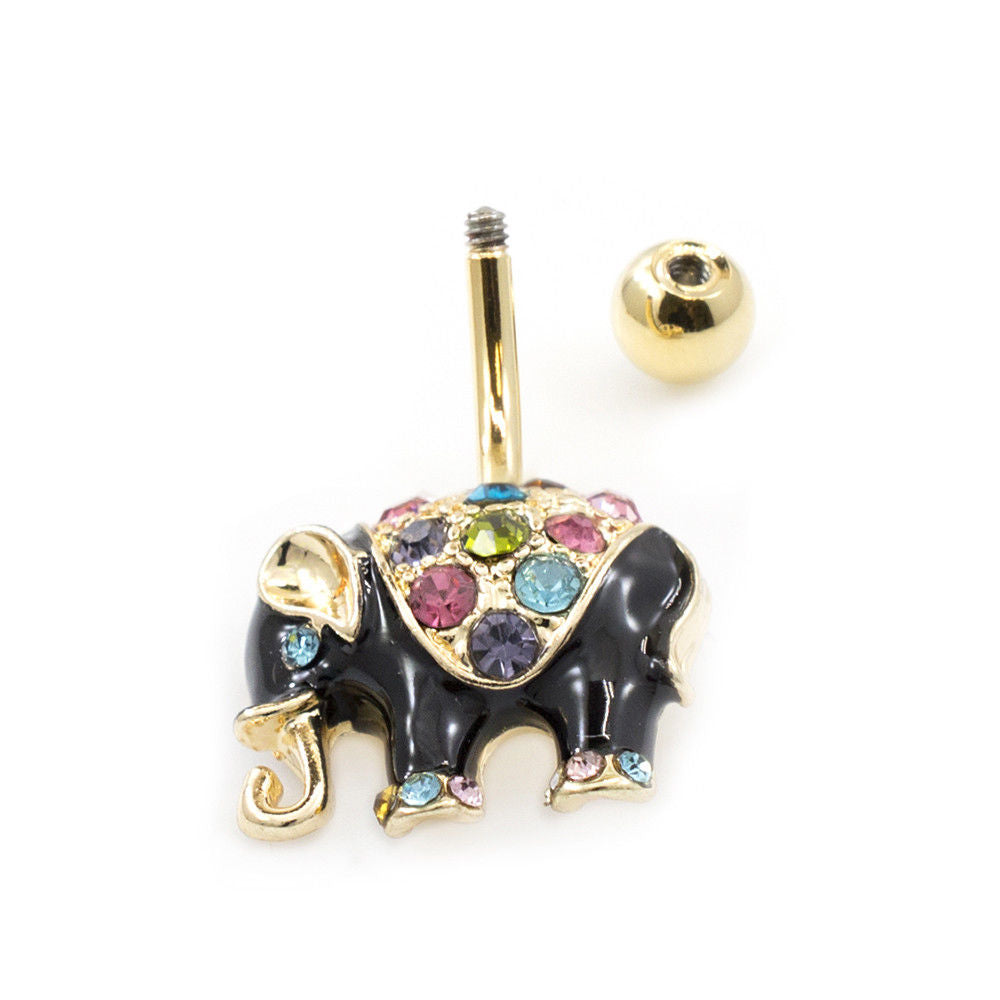 Belly Button Ring with Black Enamel Elephant Design and Multiple Color C