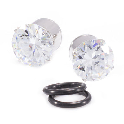 Pair of Ear Plugs with Clear Cubic Zirconia O ring Style, Surgical Steel