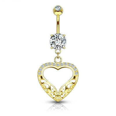 Navel Ring 14KT Solid Gold Dangle with Filigree Heart Dangle with CZ 14ga