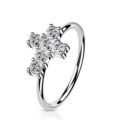 Bendable Hoop ring 14K Gold Opal or CZ Set Cross 20 Gauge Good for Nose and Ear