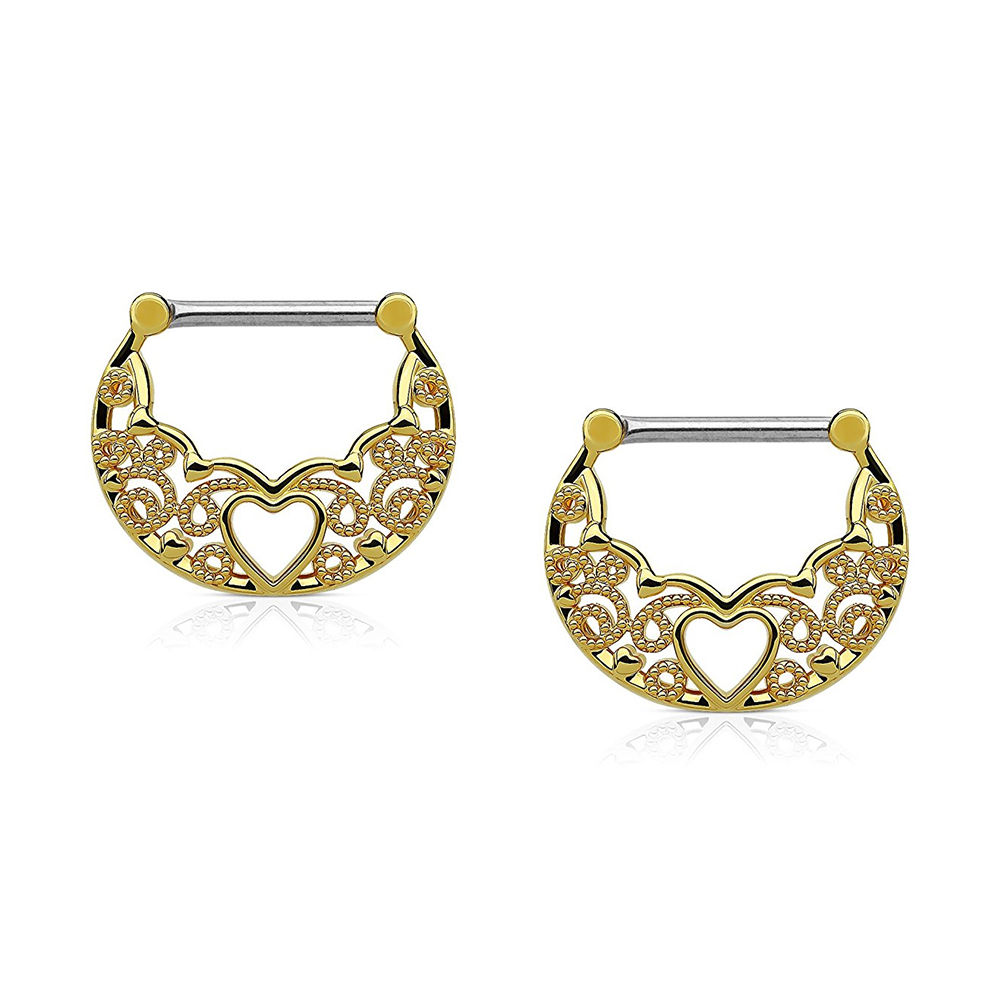 Pair of Nipple Clickers 14G Filigree Design with Hollow Heart Center