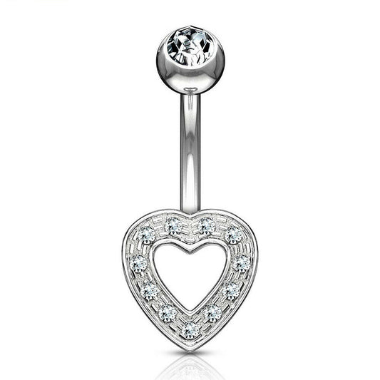 Navel Ring 14 Karat Solid Gold with Clear CZ Heart Charm 14ga