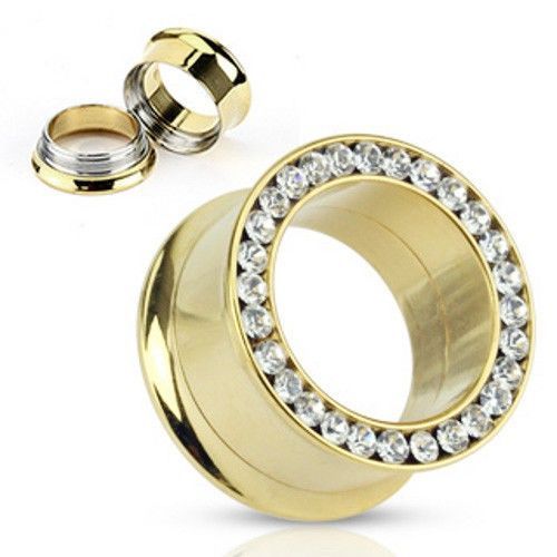 Gold Plated Tunnels Double Flare Screw Fit Ear Plug with CZ Gems - 6 Gauge to 1"