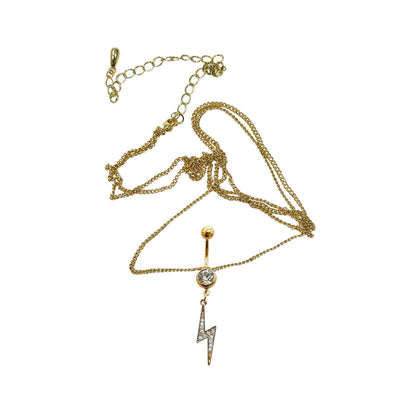 Belly Chain Button Navel Ring Surgical Steel Gold Plated Waist Belly Chain with CZ Lightning Bolt Charm 14 Gauge