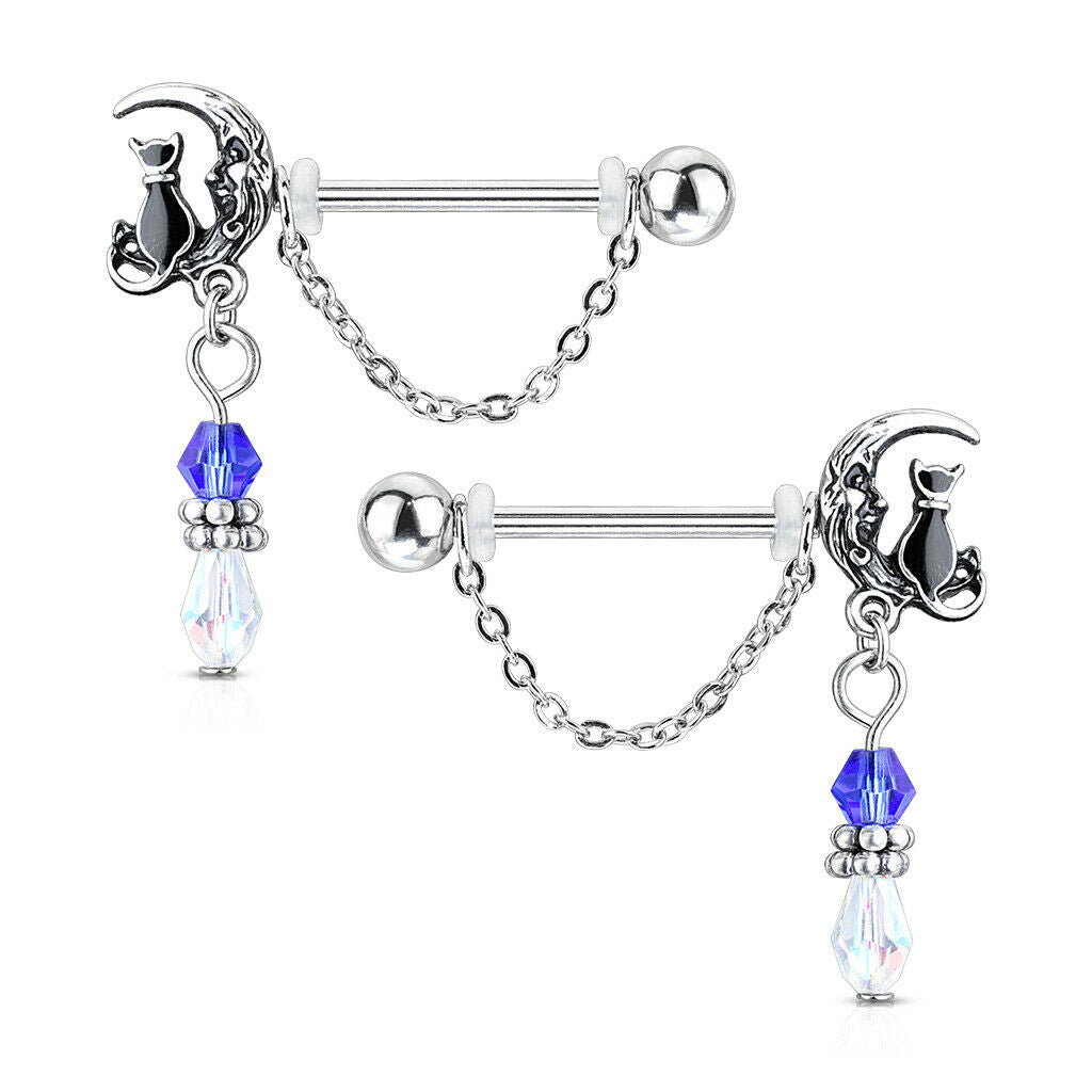 Pair of Nipple Barbell Rings Cat Sitting on Moon with Beads and Chain Dangles