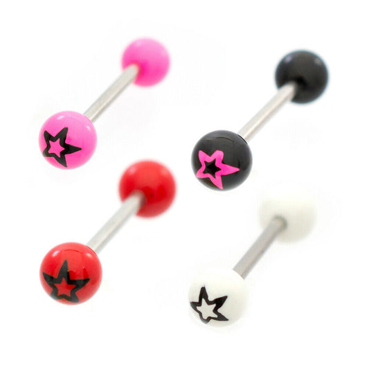 Tongue Ring Barbells Pack of 4 with Acrylic Star Balls 14 Gauge Surgical Steel