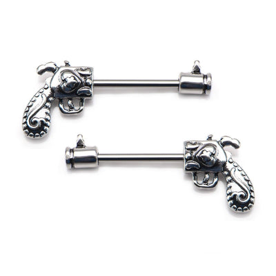 Nipple Ring Revolver Gun Barbell Surgical Steel Piercing Jewelry Clear CZ 14G