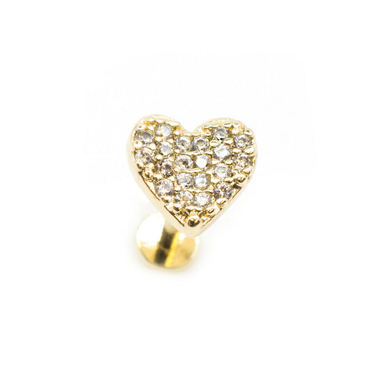 Flat Back Studs with CZ Paved Heart Top Internally Threaded Surgical Steel 16g
