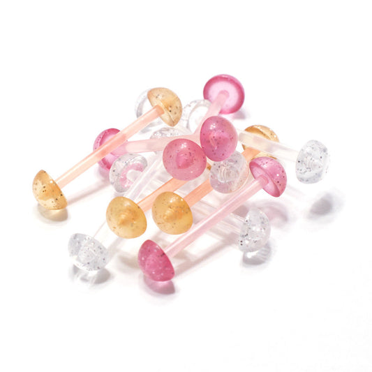 10 Flexible Tongue Ring Piercing Retainers with Half Glitter Balls