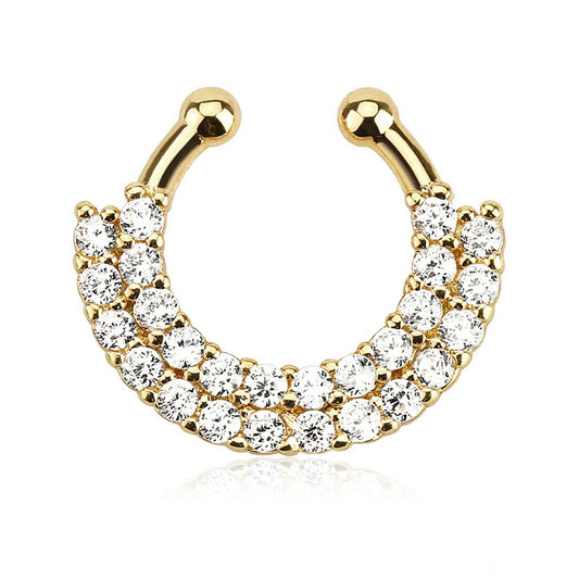 Septum ring Faux clip on NON piercing double line Gold ip paved jewels