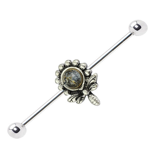 Flower Design 14ga Industrial Barbell with Burnished Silver Charm