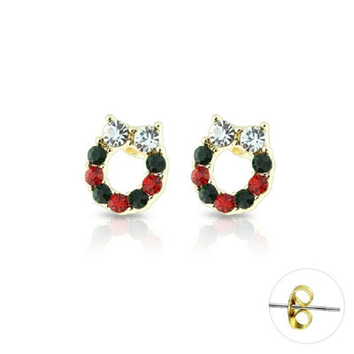 Holiday Earrings Studs Gold Plated Gem Paved Christmas Wreath Gift Box Included