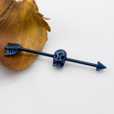 Industrial Barbell with Skull Design Anodized Titanium 14G