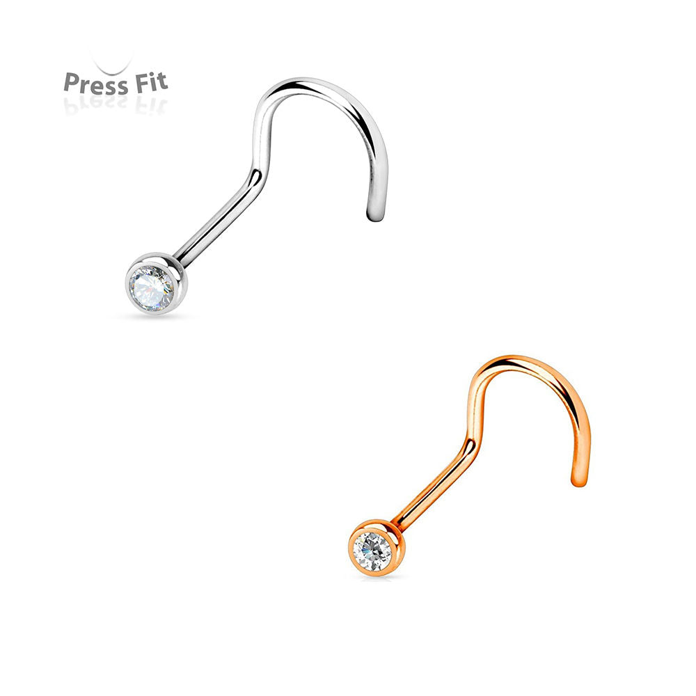 Nose Ring Screw Steel and Rose Gold Tone 2pcs with Press Fit Gem Stud 18G 20G