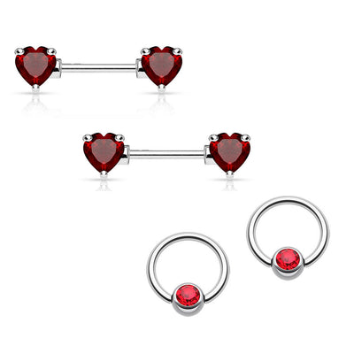 Nipple Ring 14G Barbell/Captive Combo Surgical Steel with Heart CZ Gems