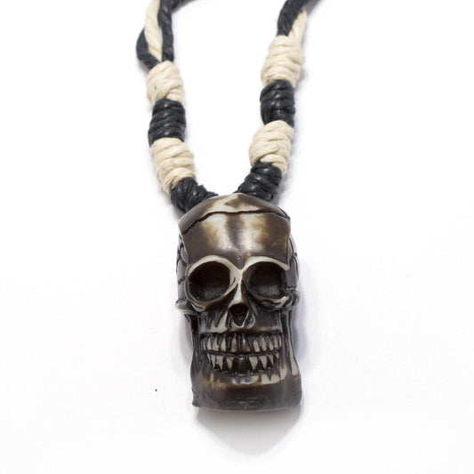 Necklace Black Skull Pendant Charm on Black and Tan Rope