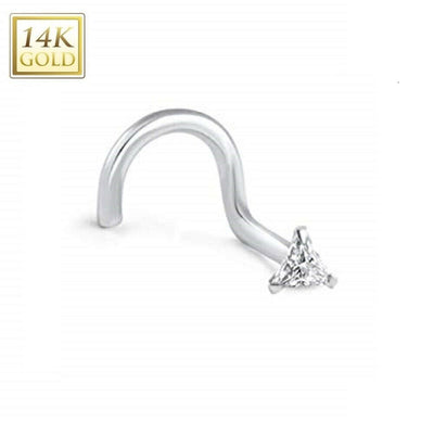 Nose Screw Ring with Prong Set CZ Centered Triangle 14Kt Solid White Gold 20g