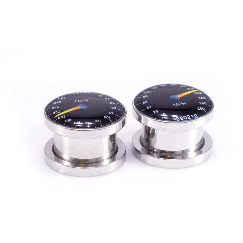Pair of Ear Plugs Gauges with Speedometer Logo Screw Fit Plugs - 2G - 1/2"
