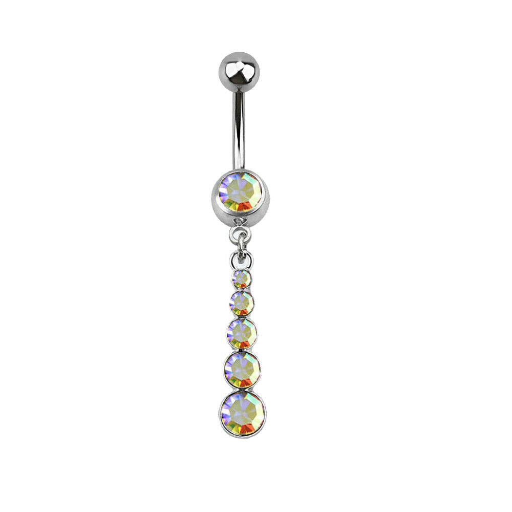 Belly Navel Ring Dangle Crystal CZ Design Surgical Steel 14 Gauge Rainbow AB Clear Jewels