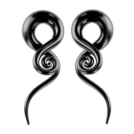 Pair of Glass Tapers 0G - 6G Single Twist Black Pyrex with Spiral End
