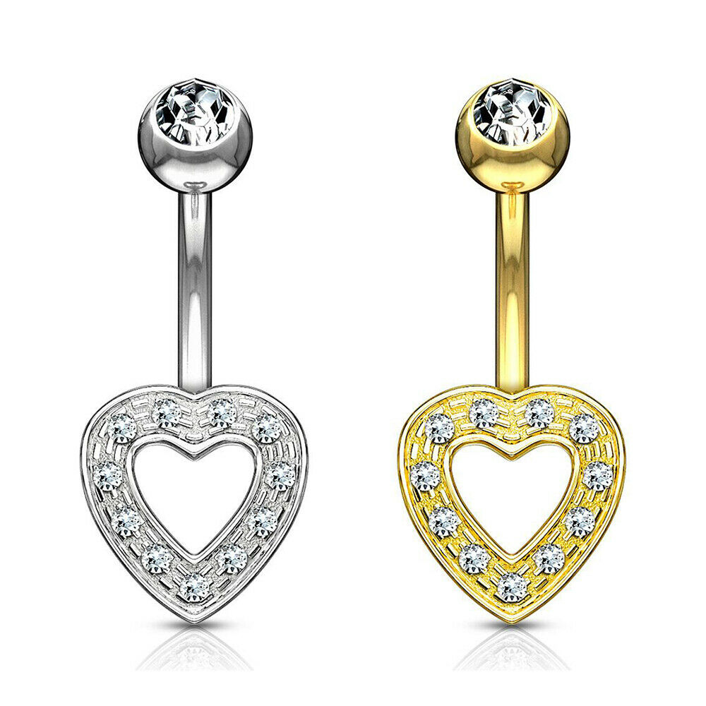 Navel Ring 14 Karat Solid Gold with Clear CZ Heart Charm 14ga