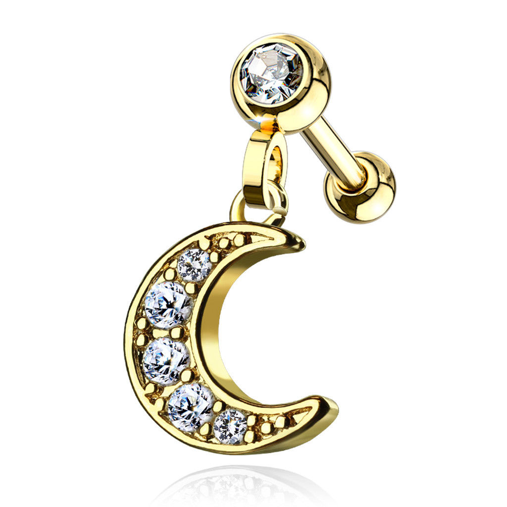 Ear Cartilage/Tragus with CZ Paved Crescent Moon Dangle Jeweled