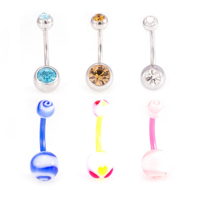 Belly Button Ring Package of 6 Navel Ring 3 Surgical Steel with CZ  and 3 Flexi
