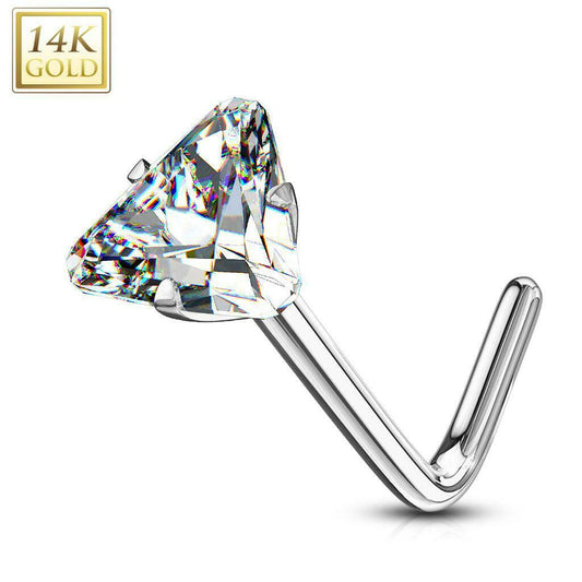 Nose Ring L-Bend with Prong Set Triangle CZ 20g- Sold Each
