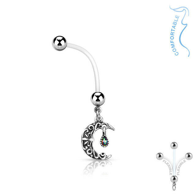 Pregnancy Belly Naval Ring Bioflex with Crescent Moon Surgical Steel Balls