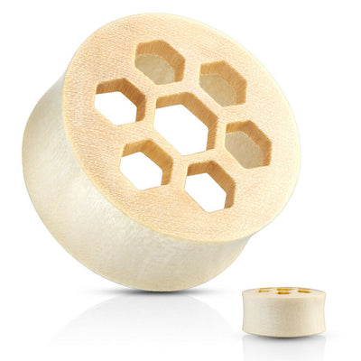 Ear Plugs Honey Comb Cut Front Natural White Crocodile Wood Saddle Plugs