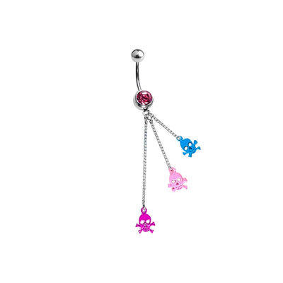 Belly Navel Ring Dangle CZ Jewel Triple Colorful Skull Charms Surgical Steel 14g