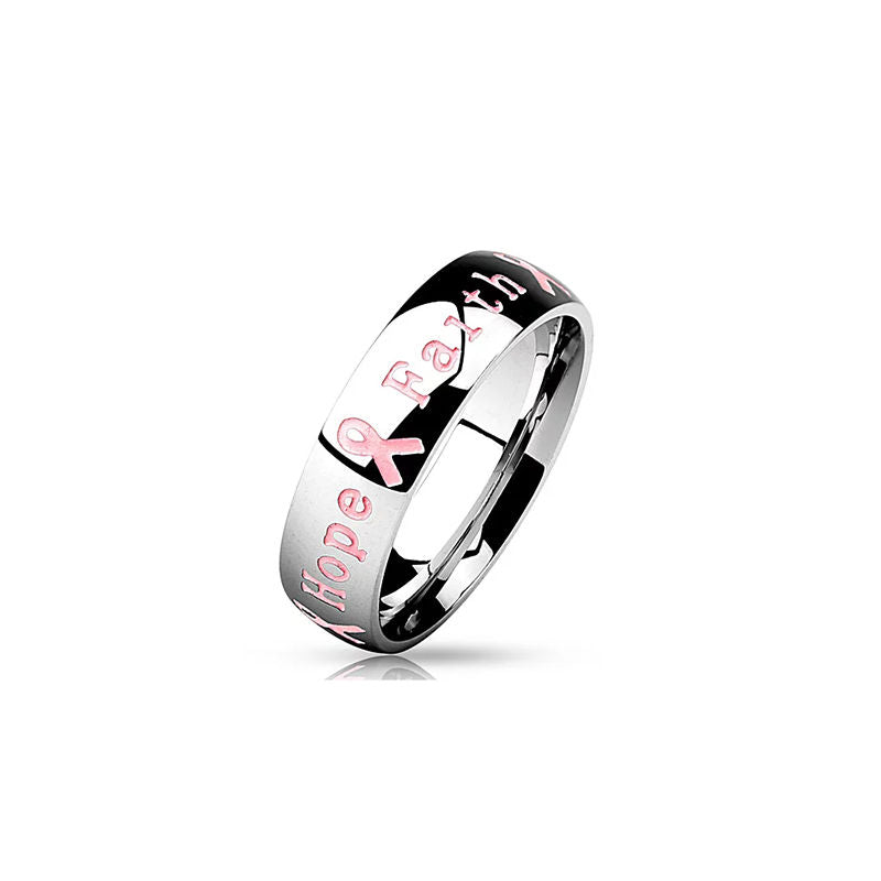 Courage, Hope, Faith Pink Ribbon Stainless Steel Ring