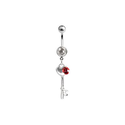 Belly Navel Dangle Ring Key with Red Rose and CZ Gem Design 14g