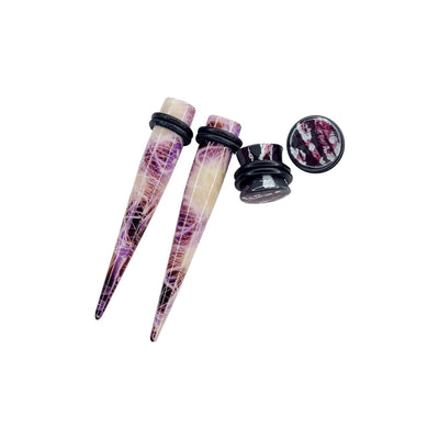2 Pairs Ear Gauge Tapers Plugs O-rings Acrylic Purple Mauve Marble Design