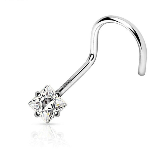 Nose Screw Ring with Prong Set CZ Centered Square 14Kt Solid White Gold 20g