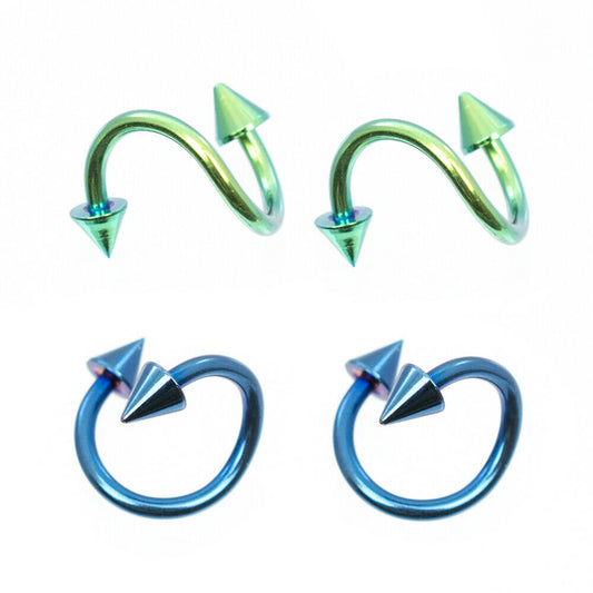 Twister Rings Anodized Titanium Blue and Green Pack of 4 with Spike Ends 16 Ga