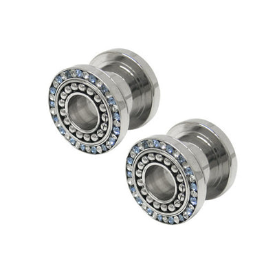Pair of Surgical Steel Screw Fit Ear Plug with Blue & Clear CZ Gems