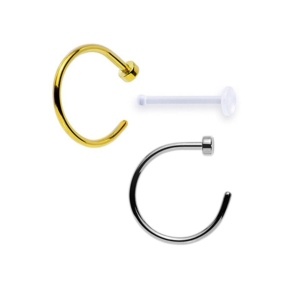 Pack of 2 Surgical Steel Nose Hoop Rings and a Nose Acrylic Retainer
