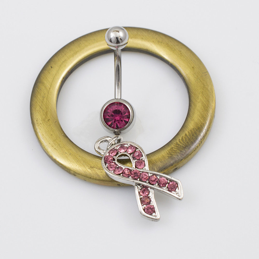 Belly Button Ring with Cancer Awareness dangle featured with Multiple CZ Stones