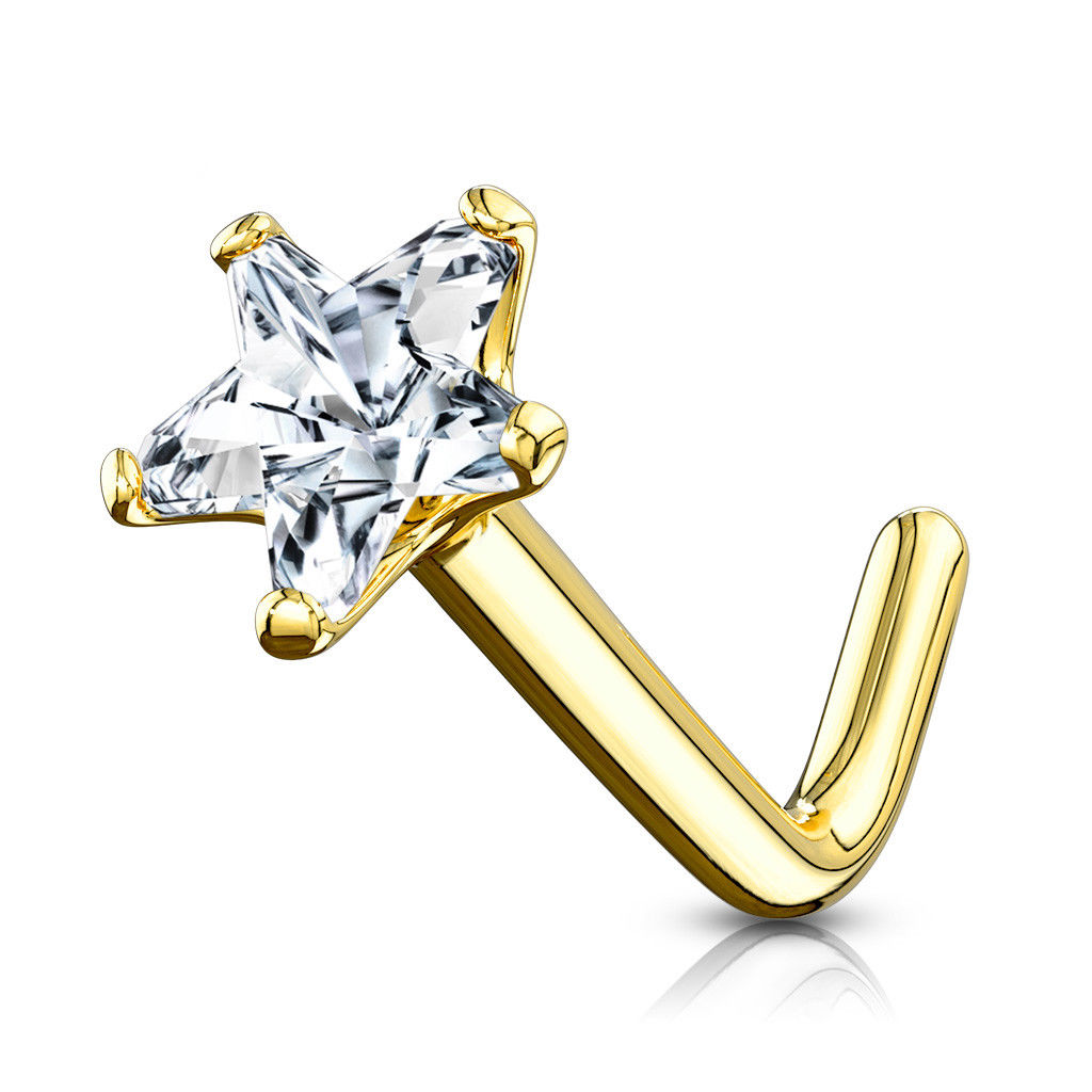 Nose Ring L-Bend with Prong Set Star CZ Made of 14Kt Gold 20g