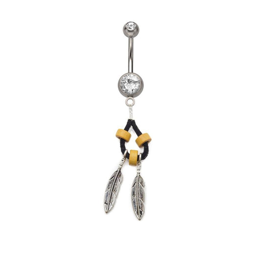 2-Jewel 316L Surgical Steel Belly Ring w/Rhodium Plated Feather Dangle