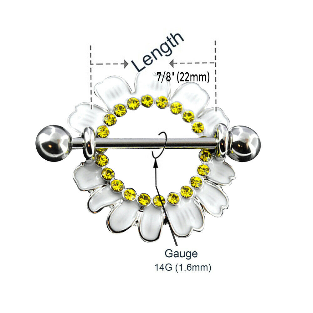 Nipple Shields Daisy Flower Design White with Yellow crystals 14G