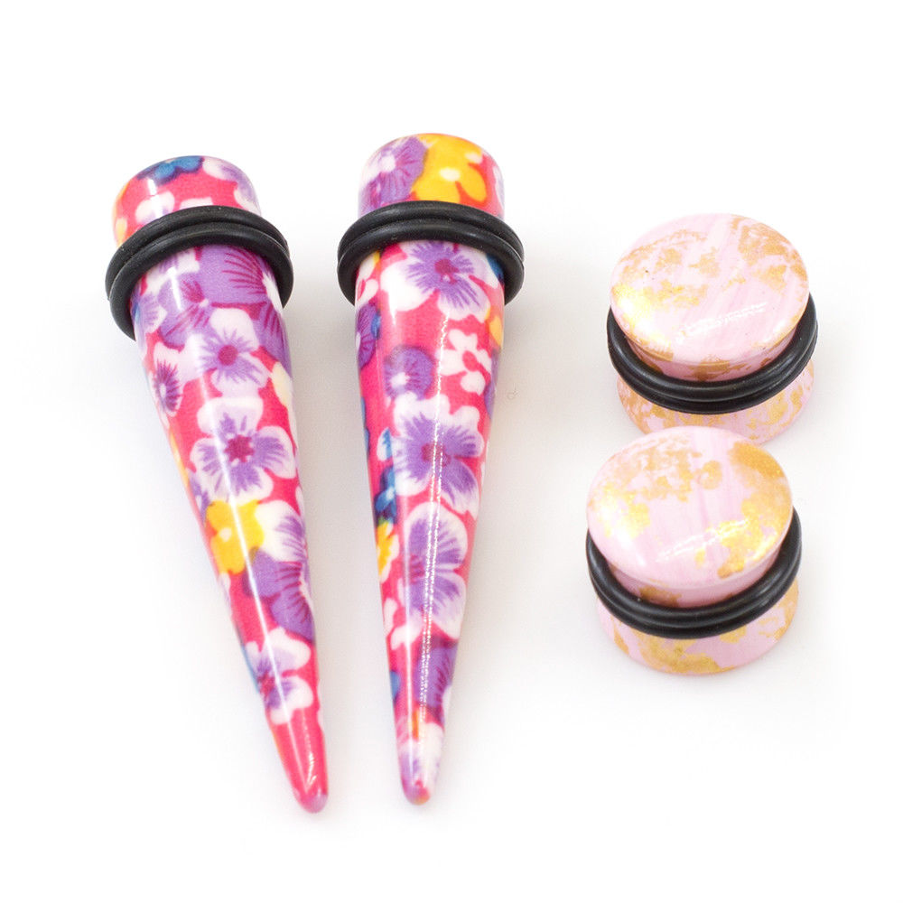 Ear Plugs with Tapers Stretching kit Colorful Flower Design with O rings