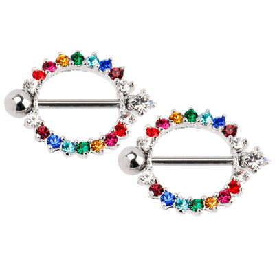 Pair of LGBTQ Rainbow Gem Round Nipple Shields - Barbells Included
