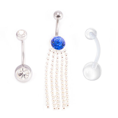 Belly Button Ring Package of 3 Navel Ring. Two with CZ Gems and a Retainer. 14G