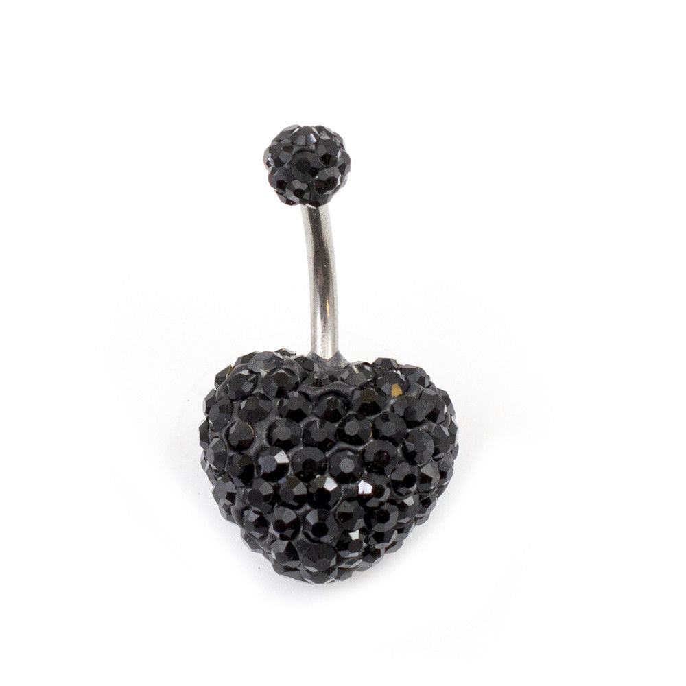 Navel Ring with Black Heart Design Featured with Black Crystals 14g
