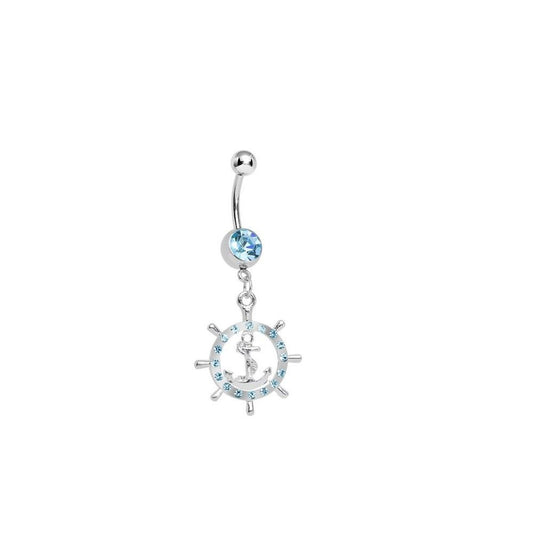 Nautical Belly Button Ring with Aqua Jewels and Anchor